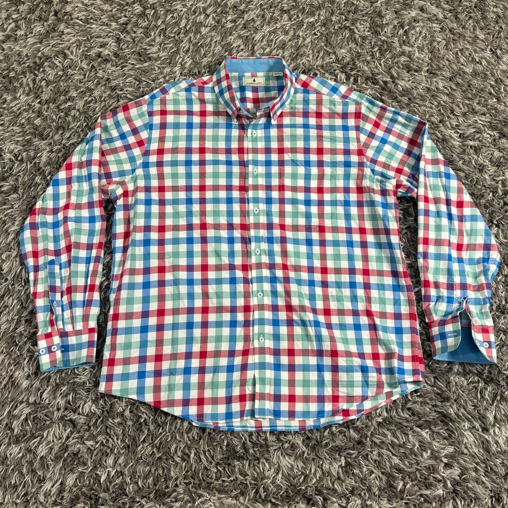 Southern Pines Mens XL Long Sleeve Cotton Gingham Button Down Shirt Red Blue